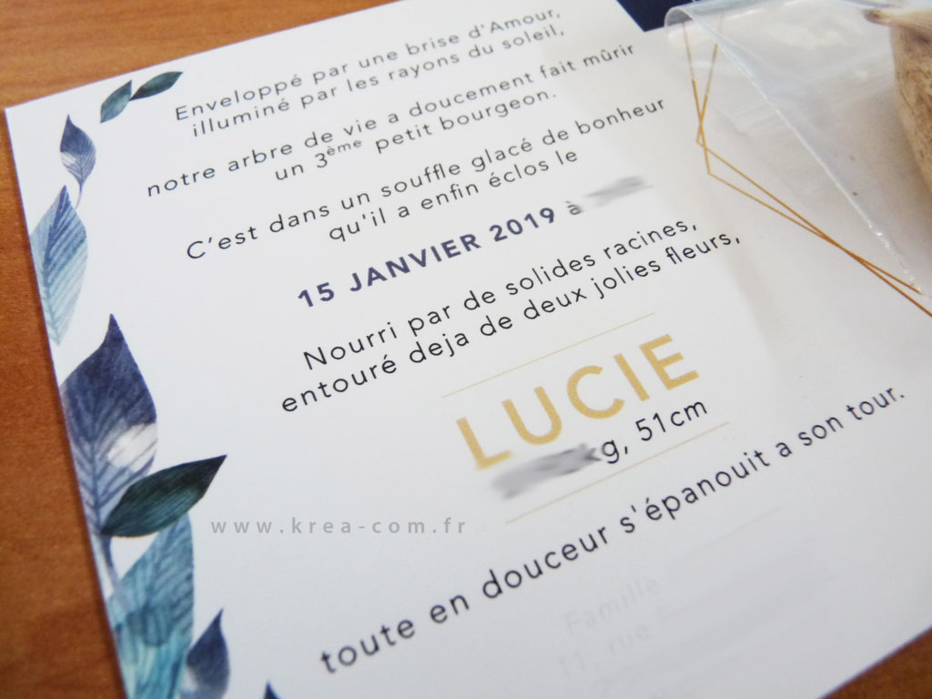 texte faire part naissance lucie bulbes or nature feuilles
